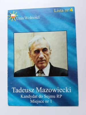 POCZTÓWKA TADEUSZ MAZOWIECKI, AUTOGRAF, UNIA WOLNOŚCI