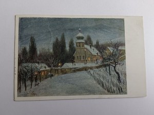 POSTCARD PAINTING CHURCH WINTER, PRE-WAR STAMP