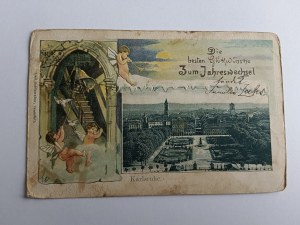 POSTKARTE MALEREI GEPRÄGT, ENGEL AMOR GLOCKE, KARLSRUHE, VORKRIEGSZEIT 1901