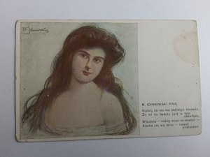 POSTCARD PAINTING POLISH ICHNOWSKI WOMAN, POEM, PRE-WAR