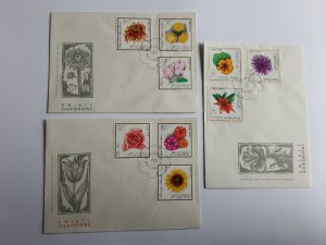 SET DE 3 ENVELOPPES FLEURS DE JARDIN, MAGNOLIA, ROSE, TOURNESOL, TIMBRE-POSTE