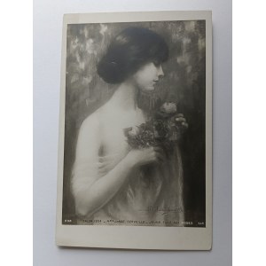 POSTCARD PAINTING WOMAN WITH FLOWERS PRE-WAR