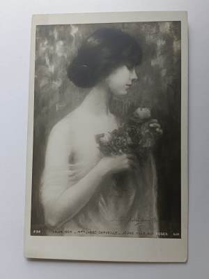 POSTCARD PAINTING WOMAN WITH FLOWERS PRE-WAR