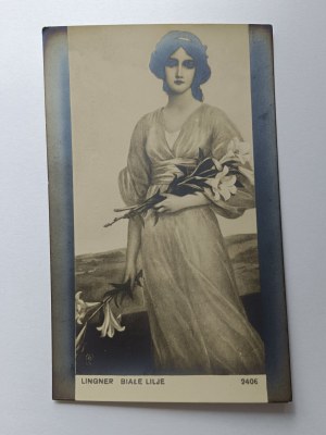 POSTCARD PAINTING LINGNER WHITE LILIES, PRE-WAR