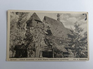 POSTCARD BYTOM WOODEN CHURCH IN PARK 1950