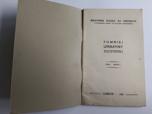 Polnische Bibliothek im Exil, Denkmäler der heimatlichen Literatur Heft I LONDON 1941