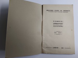 Poľská knižnica v exile, Pamätníky literatúry vlasti Zápisník I LONDÝN 1941