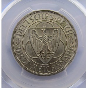 Niemcy, Republika Weimarska, 3 marki 1930 A, Rheinland Strom, PCGS MS63
