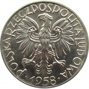 Polska, PRL, Rybak, 5 złotych 1958, szeroka ósemka, UNC/UNC-