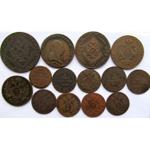 Austria, Józef II, zestaw 14 miedzianych monet 1-30 krajcarów 1793-1812 
