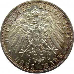 Niemcy, Bawaria, 3 marki 1914, UNC