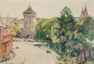 Wladyslaw Jarocki (1879 Tarnopol - 1965 Cracovia), Barbacane di Cracovia, Veduta dei tetti di Cracovia - opera bifacciale, 1926.