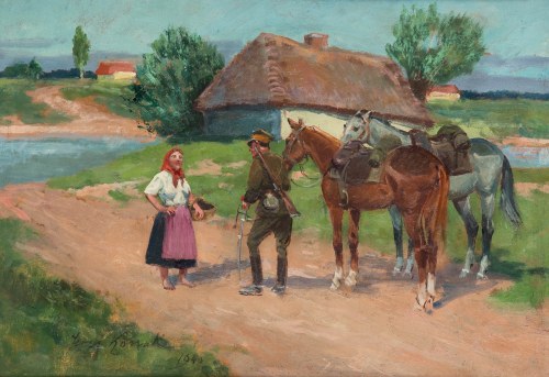 Jerzy Kossak (1886 Kraków - 1955 tamże), Ułan z dziewczyną, 1940 r.