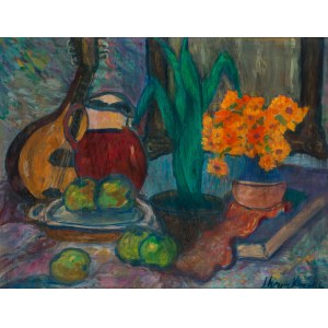 Jan Hrynkowski (1891 Żelechów near Lviv - 1971 Kraków), Still life with marigolds and lute