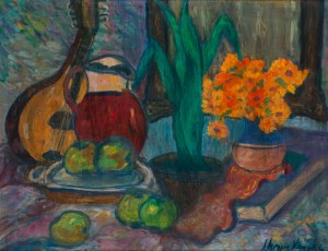 Jan Hrynkowski (1891 Żelechów près de Lwów - 1971 Kraków), Nature morte aux soucis et au luth