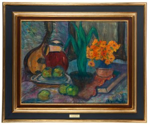 Jan Hrynkowski (1891 Żelechów près de Lwów - 1971 Kraków), Nature morte aux soucis et au luth