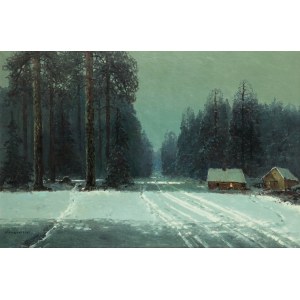 Wiktor Korecki (1890 Kamieniec Podolski - 1980 Milanówek), Paysage d'hiver avec deux cabanes
