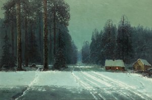 Wiktor Korecki (1890 Kamieniec Podolski - 1980 Milanówek), Zimná krajina s dvoma chatami