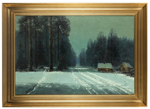 Wiktor Korecki (1890 Kamieniec Podolski - 1980 Milanówek), Pejzaż zimowy z dwiema chatami