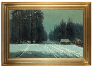 Wiktor Korecki (1890 Kamieniec Podolski - 1980 Milanówek), Zimná krajina s dvoma chatami