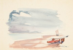 Marian Mokwa (1889 Malary - 1987 Sopot), Barche a vela sulla riva - biglietto d'auguri, 1971.