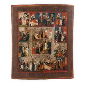Ikone - Die Auferstehung und die 12 großen orthodoxen Feste, Russland, 19. Jahrhundert.