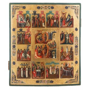 Ikona - Vzkříšení a 12 velkých svátků pravoslavné církve, Rusko, 19.-20. století.