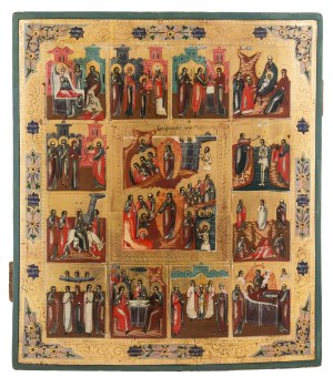 Icône - La résurrection et les 12 grandes fêtes de l'Église orthodoxe, Russie, 19e/20e siècle.