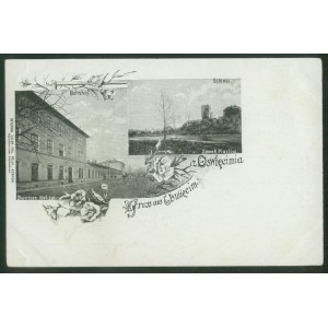 OŚWIĘCIM - Dworzec kol. żel., Zamek Piastów, Wyd. SMPKr., druk czb., ok 1900,