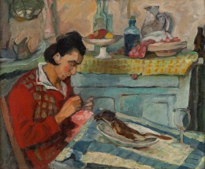 Jacques Chapiro (1887 Dyneburg, Lettland - 1972 Paris), Frau, die an einem Tisch näht, 1922