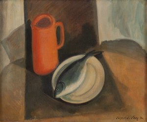 Leopold Levy (1882 Paris - 1966), Still life with red jug and fish, 1930