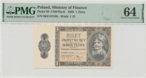 II RP, 1 zloty 1938 IK - PMG 64