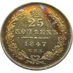 Rosja, Mikołaj I, 25 kopiejek 1847 PA, Petersburg, UNC-