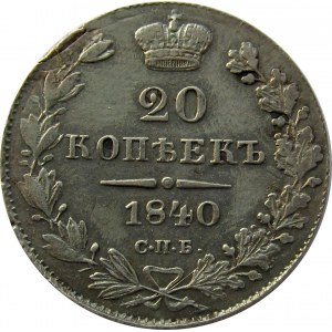 Rosja, Mikołaj I, 20 kopiejek 1840 HG, Petersburg