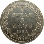 Mikołaj I, 3/4 rubla/5 złotych 1838 MW, Warszawa, PIĘKNE!