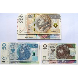Polska, III RP, Zestaw banknotów 2012-2016, seria AA, UNC
