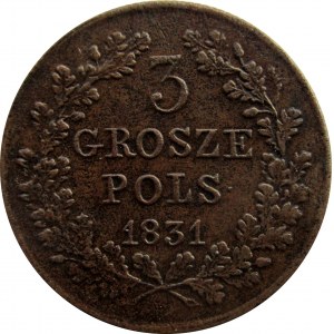 Powstanie Listopadowe, 3 grosze 1831 K.G., Warszawa, proste łapy orła