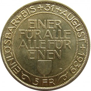 Szwajcaria, 5 franków 1939, zawody strzeleckie w Luzernie, UNC