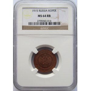 Rosja, Mikołaj II, 1 kopiejka 1915, Petersburg, NGC MS64 RB