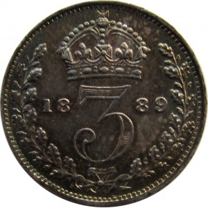 Wielka Brytania, Wiktoria, 3 pensy 1889, piękny!