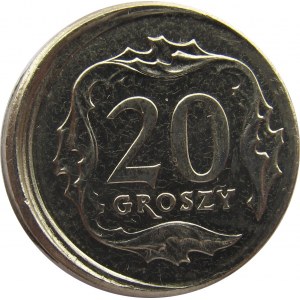 III RP, 20 groszy 2009, przesunięty stempel, niecentryczne bicie