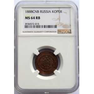 Rosja, Aleksander III, 1 kopiejka 1888, NGC MS64RB, Petersburg, rzadszy rocznik 