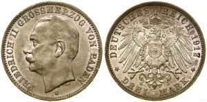 Německo, 3 marky, 1912 G, Karlsruhe