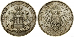 Německo, 3 marky, 1909 J, Hamburg