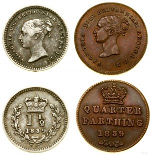 Grande-Bretagne, ensemble : 1 1/2 pence et 1/4 farthing, 1839, Londres