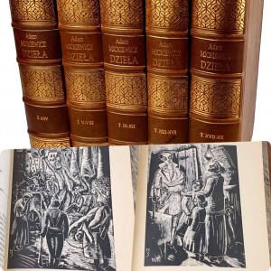 MICKIEWICZ- DZIEŁA vol. 1-20 [complet en 5 volumes], édité par Manfred Kridl et Leon Piwiński ; gravures sur bois de Mrożewski.