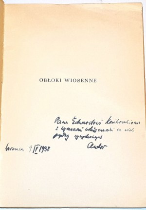 PIĘTAK - OBŁOKI WIOSENNE dedykacja autora dla Edwarda Kozikowskiego