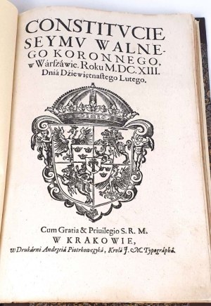 CONSTITUTION DE LA SEJM CORONNELLE DE MARCHE, à Varsovie, en l'an MDCXIII, les 19 février et 24 décembre