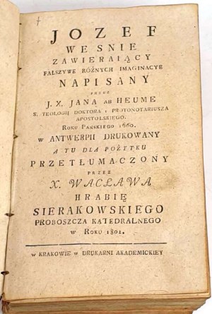 SIERAKOWSKI- JÓZEF WE ŚNIE ZAWIERAJACY FAŁSZYWE RÓŻNYCH IMAGINACYE t.3 wyd. 1802