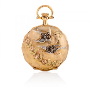 Orologio da tasca con motivo di rondini, Chamante, Svizzera, seconda metà del XIX secolo, Art Nouveau